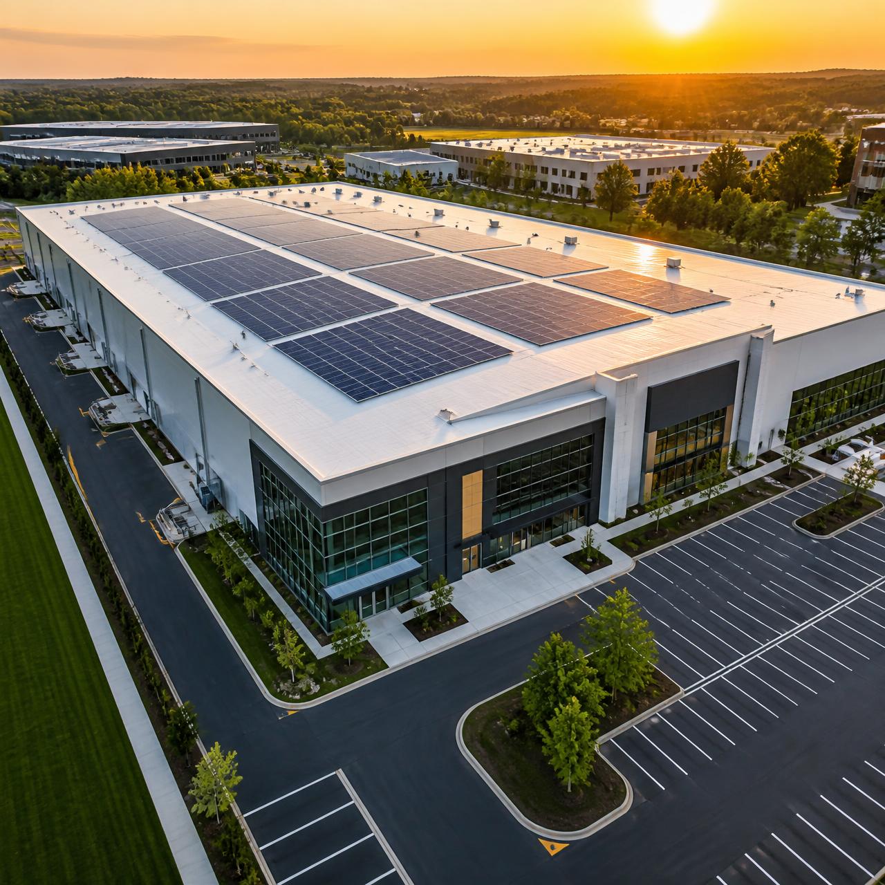 Aerial view of a modern warehouse with a large rooftop solar array at golden hour
